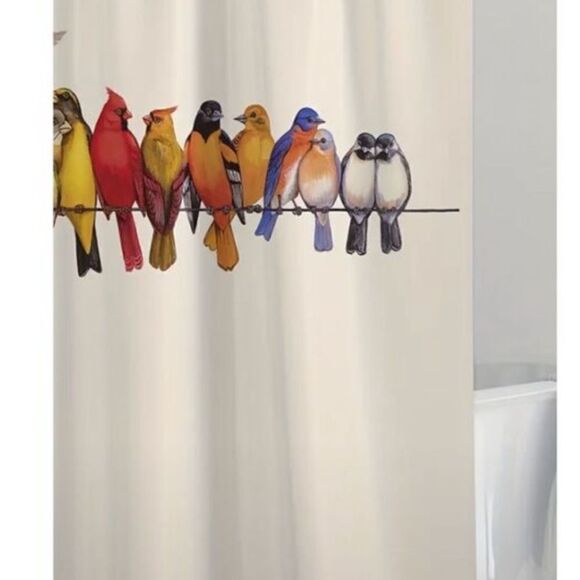 "NEW" 1pc  Bird Print Multicolor Shower Curtain W/ Plastic Hooks 71"x71" - Picture 3 of 9